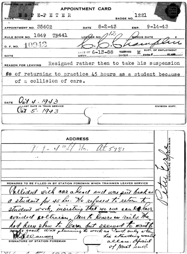 Streetcar conductor employment record 1943