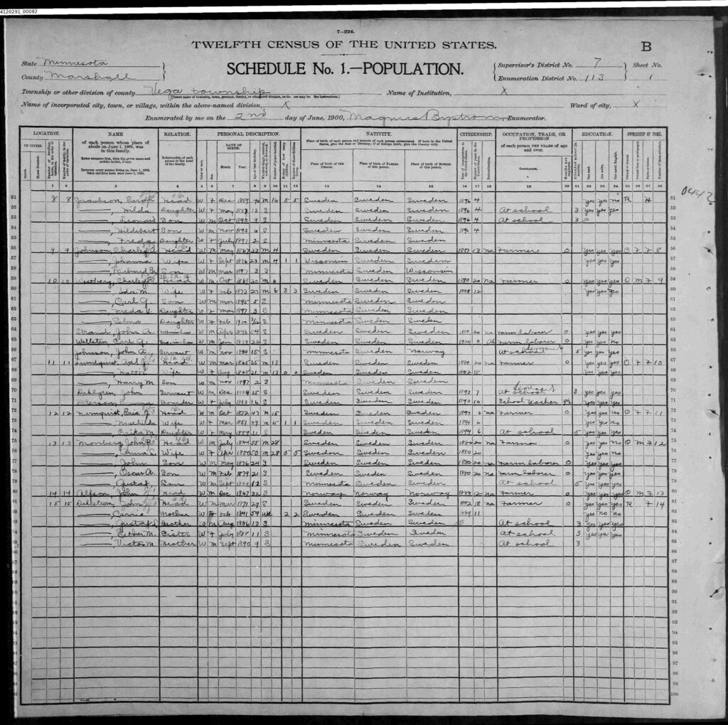 1900 US Census Marshall Co, Minnesota