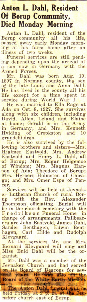 Anton Dahl - newspaper obituary