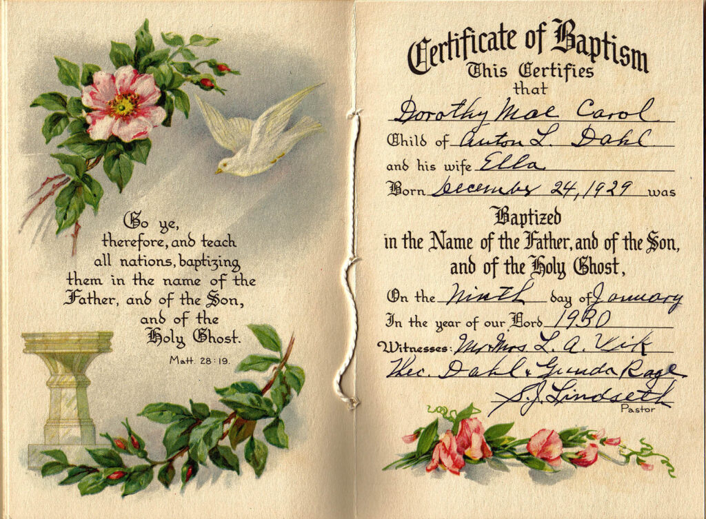 Dorothy Mae Carol Dahl - Baptism Certificate