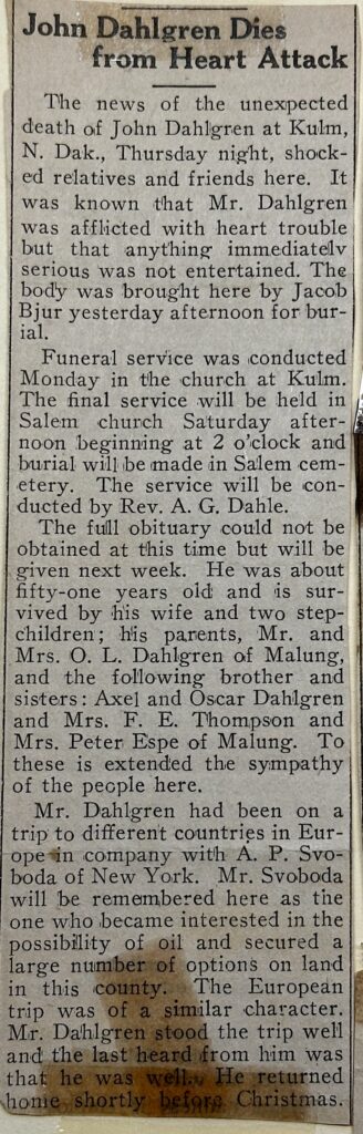 John Dahlgren newspaper death notice