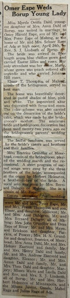 Omer & Myrtle Espe - Wedding Article