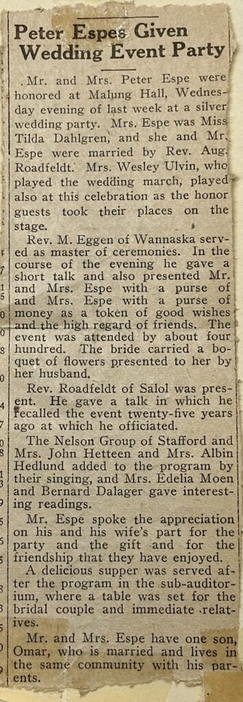 Peter & Thilda Espe - Silver Wedding Article