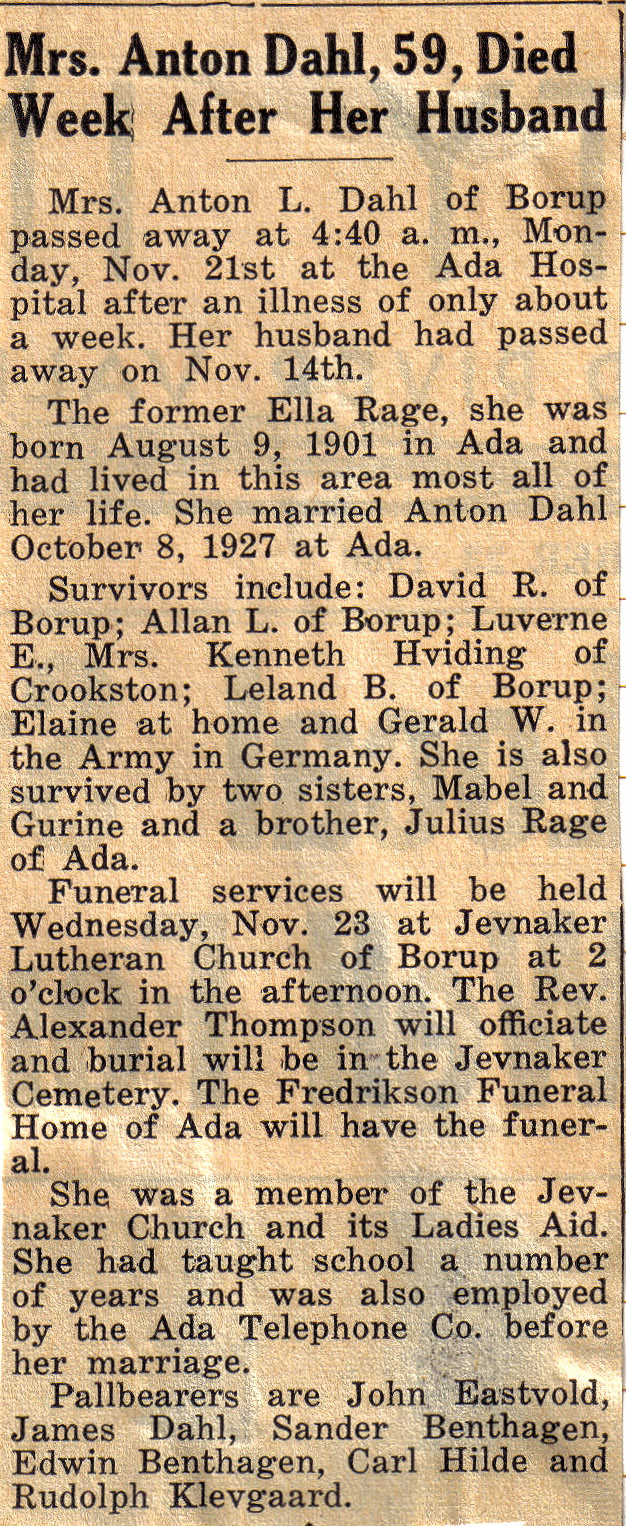 Ella Dahl - newspaper obituary